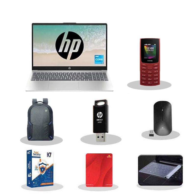 Picture of HP 15 - 13th Gen Intel Core i3 1315U 15.6" (39.6 Cm) 15-fd0186TU Thin & Light Laptop (8GB/ 512GB SSD/ Full HD Display/ Intel Integrated UHD/ Full Size Keyboard/ Windows 11 Home/ MS Office/ 1 Year Warranty/ Natural Silver/ 1.59kg)  with Nokia 106 Keypad Phone + Laptop Bag + K7 Antivirus + Wireless Mouse + Mouse Pad + Pendrive + Laptop Key Skin